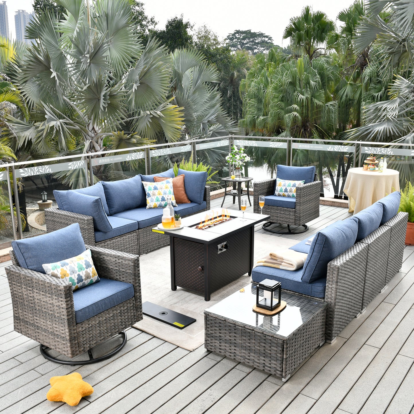 Toject 11 Pcs Paito Furniture Set, Outdoor Furniture Set with Swivel Chairs and Fire Pit