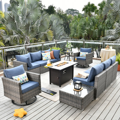 Toject 11 Pcs Paito Furniture Set, Outdoor Furniture Set with Swivel Chairs and Fire Pit