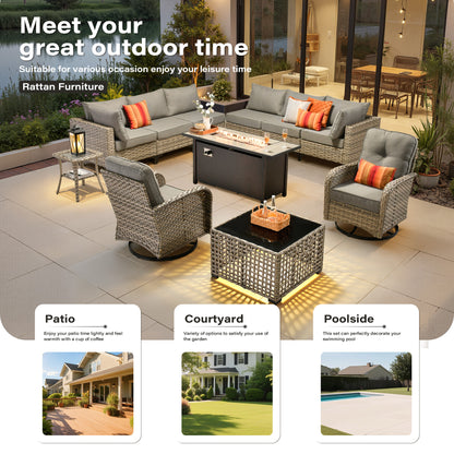 Toject 11 Pieces Patio Furniture Set All Weather Wicker Outdoor Conversation Set with 54" Fire Pit Outside Furniture Patio Sofa with Swivel Chairs & Solar Table