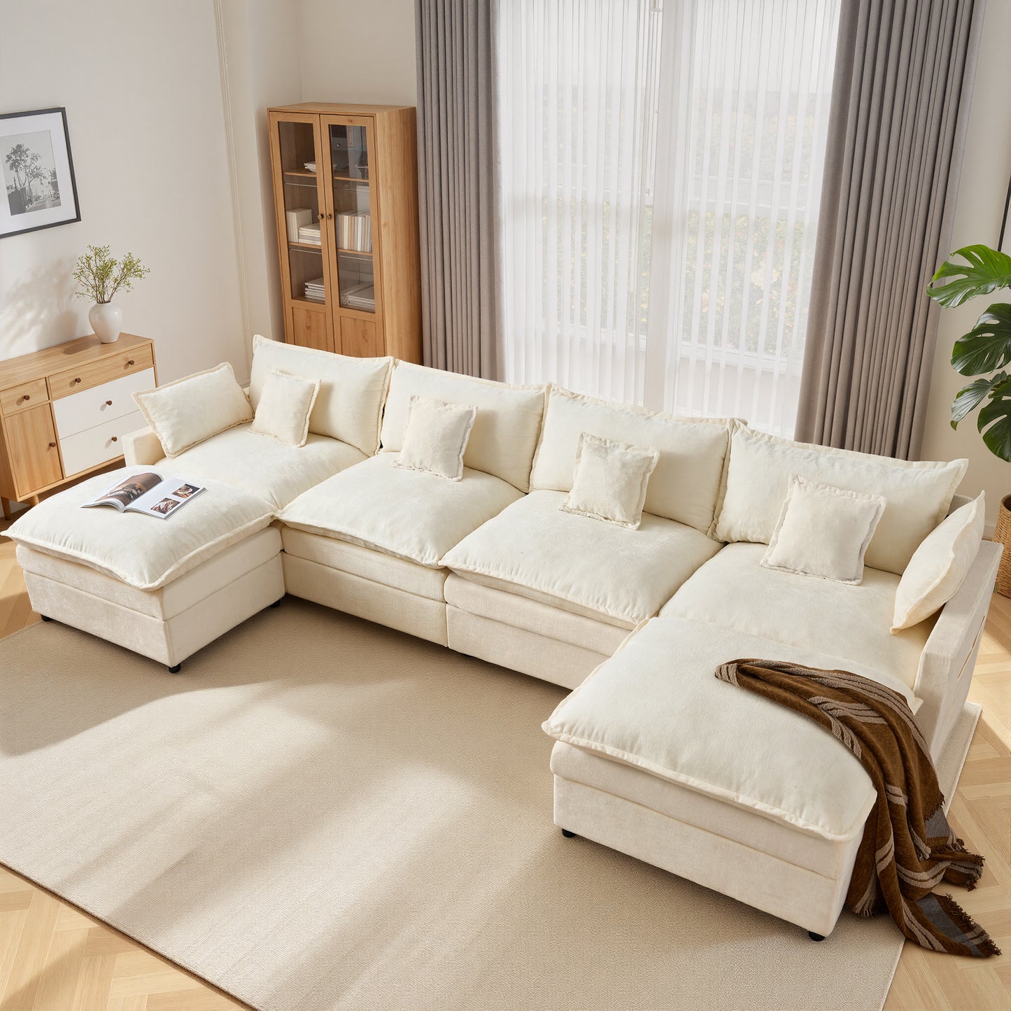 Toject 142" U-Shaped Modular Sectional Sofa, Chenille Cloud Couch with 2 Movable Ottomans, Extra Deep Seat Convertible Couch for Living Room, Apartment Beige