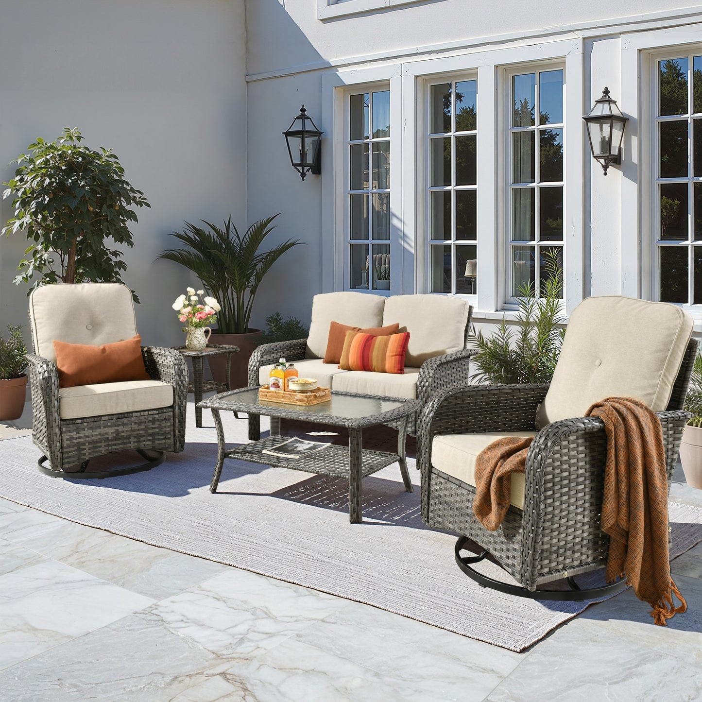 Toject 4 Pieces Patio Furniture Set, All-Weather Wicker Outdoor Furniture Loveseat Table Chairs Set for Porch, High Back Conversation Set for Backyard, Balcony, Denim Blue