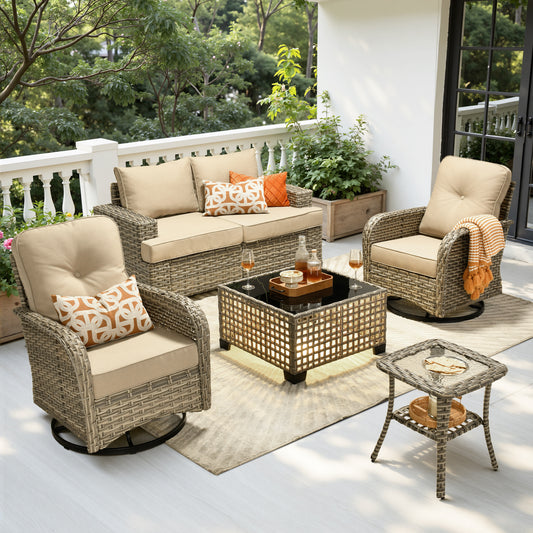 Toject 6 Pieces Patio Furniture Set, All Weather Wicker Patio Conversation Set with Swivel Chairs, Outdoor Furniture for Garden