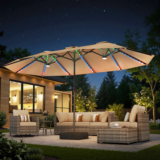 Toject 15ft Large Patio Umbrellas with Solar Lights, Double-Sided Outdoor Market Rectangle Umbrellas with Colorful LED Lights for Backyard, Outside