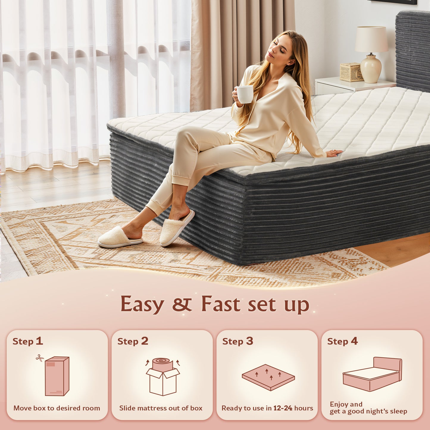 Toject Queen Size Memory Foam Mattress, Soft Bed with Matching Headboard, Medium Firm Mattress in a Box, No Assembly Required and Bed Frame Needed, Support for Modern Bedrooms, Apartment, Gray