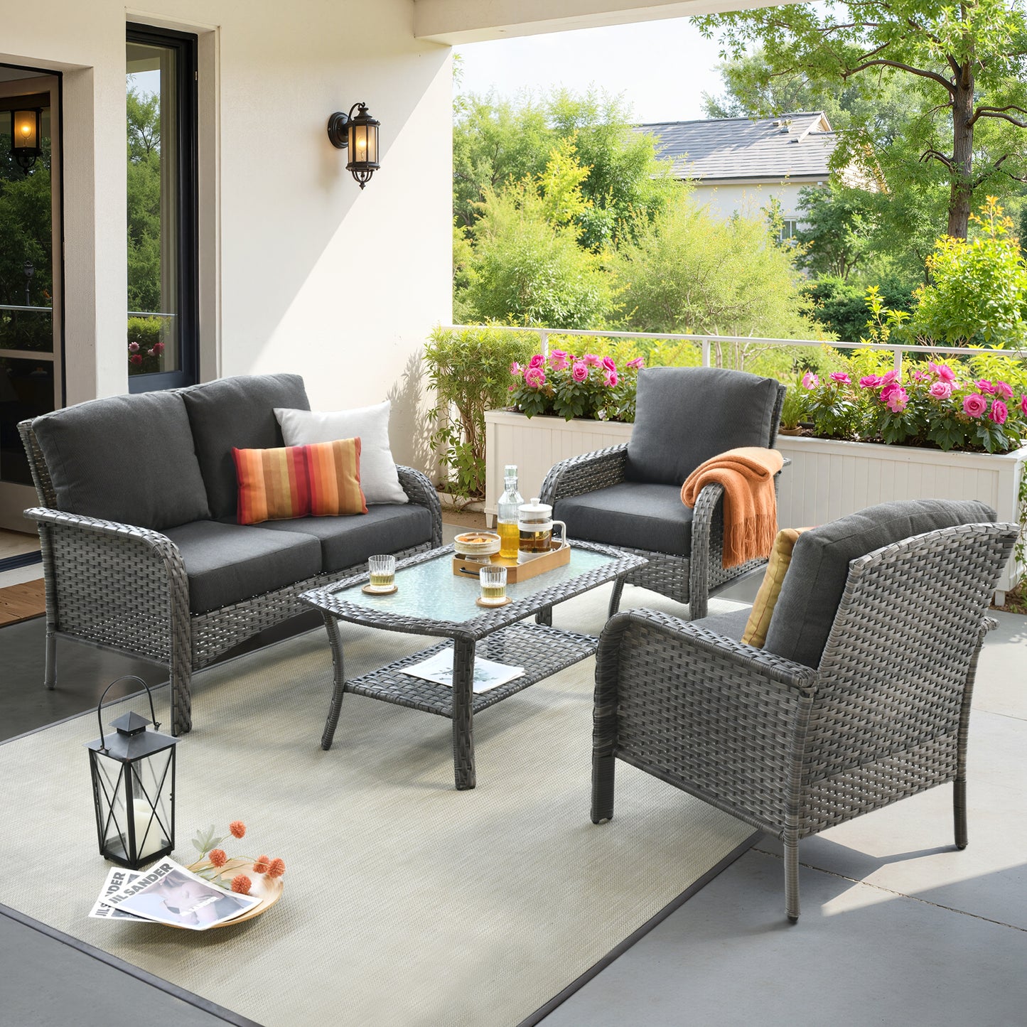 Toject 4 Pieces Patio Furniture Set, All-Weather Wicker Outdoor Furniture Loveseat Table Chairs Set for Porch, High Back Conversation Set for Backyard, Balcony, Denim Blue