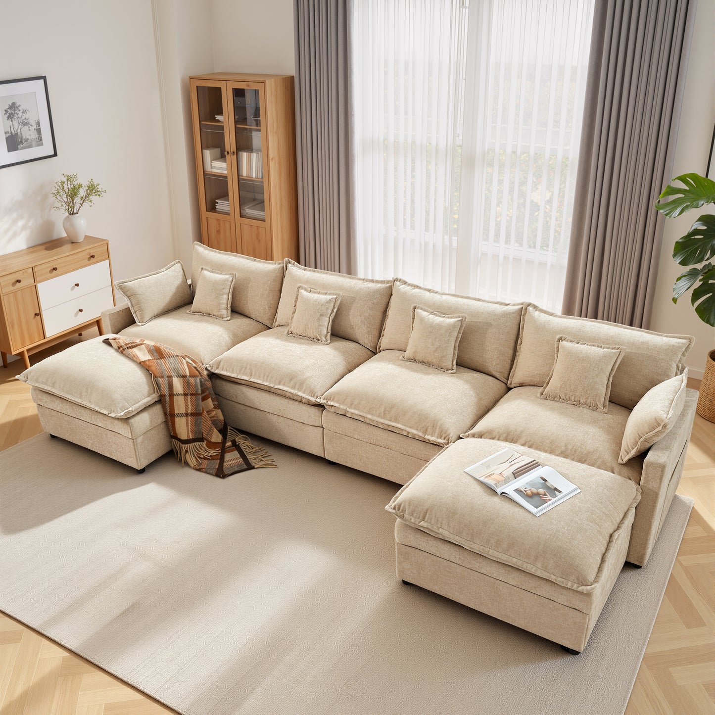 Toject 142" U-Shaped Modular Sectional Sofa, Chenille Cloud Couch with 2 Movable Ottomans, Extra Deep Seat Convertible Couch for Living Room, Apartment Beige