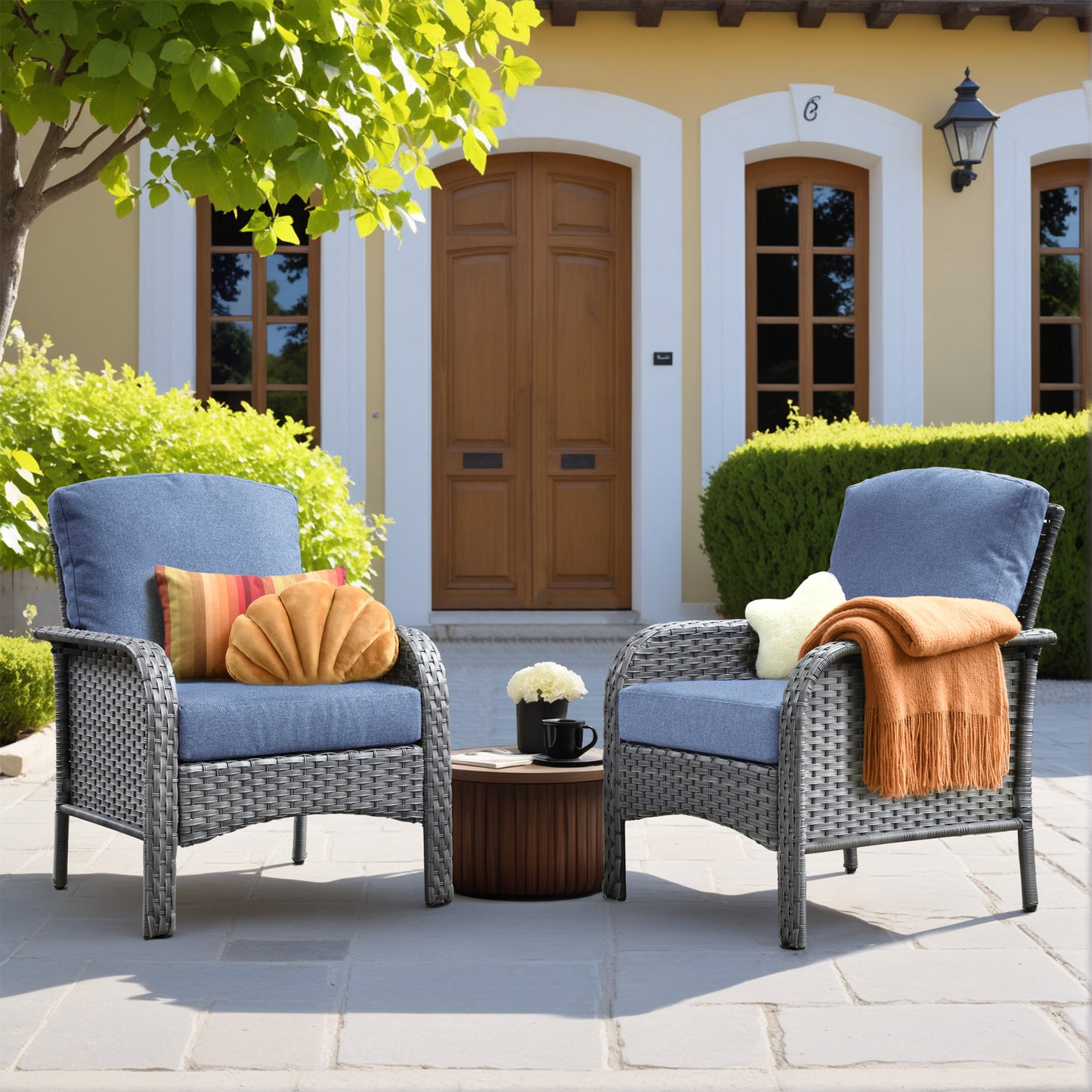 Toject 4 Pieces Patio Furniture Set, All-Weather Wicker Outdoor Furniture Loveseat Table Chairs Set for Porch, High Back Conversation Set for Backyard, Balcony, Denim Blue