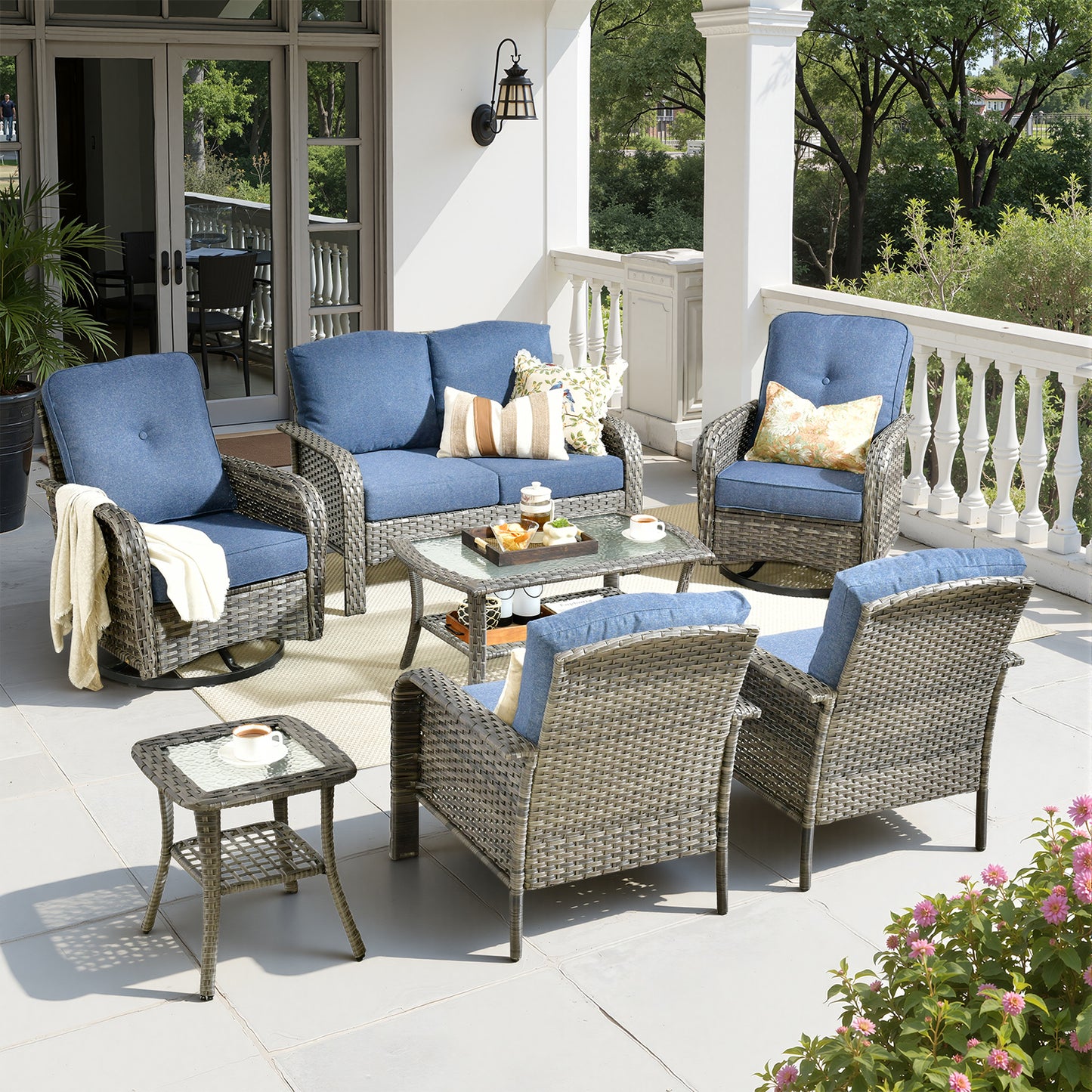 Toject 4 Pieces Patio Furniture Set, All-Weather Wicker Outdoor Furniture Loveseat Table Chairs Set for Porch, High Back Conversation Set for Backyard, Balcony, Denim Blue