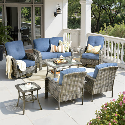 Toject 4 Pieces Patio Furniture Set, All-Weather Wicker Outdoor Furniture Loveseat Table Chairs Set for Porch, High Back Conversation Set for Backyard, Balcony, Denim Blue