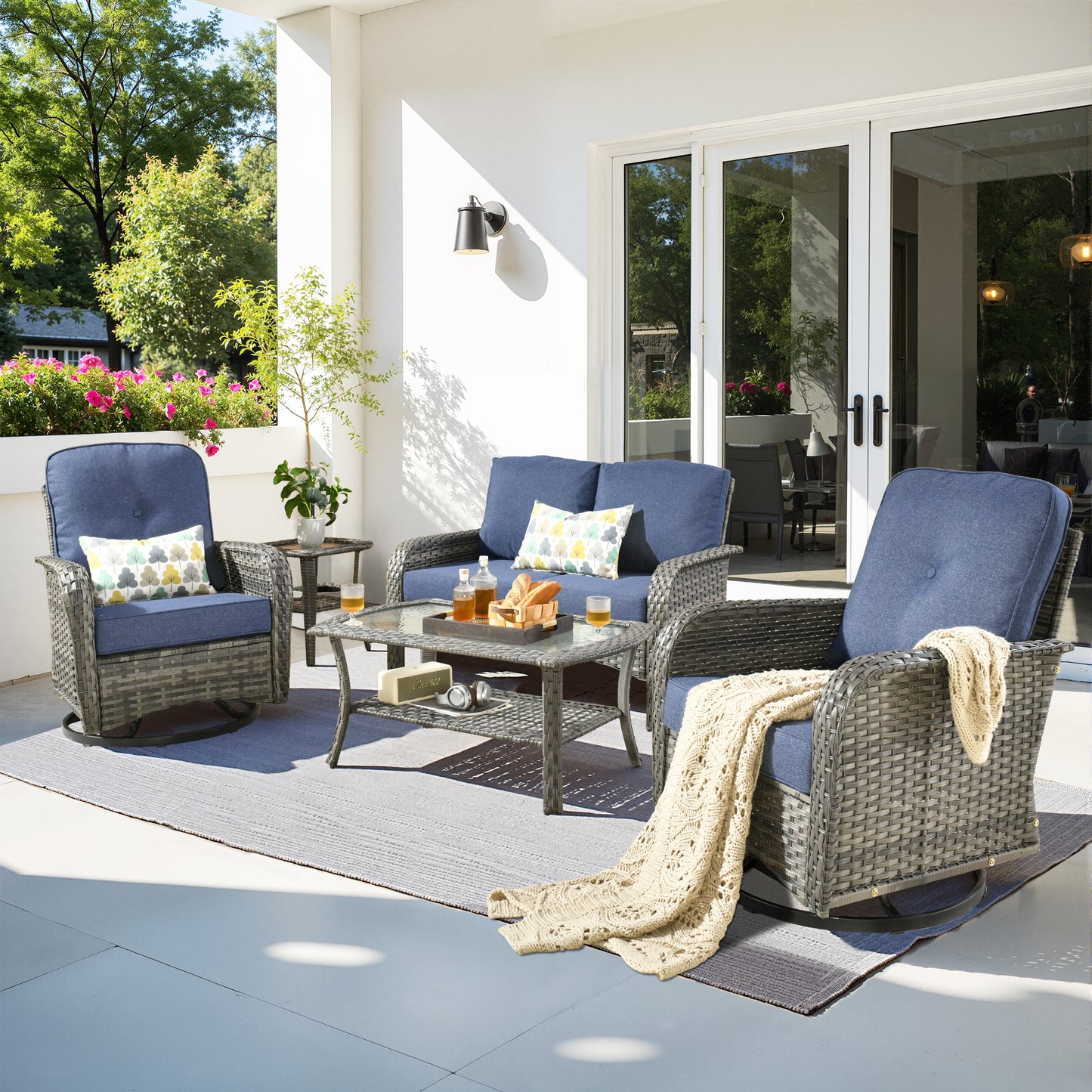 Toject 4 Pieces Patio Furniture Set, All-Weather Wicker Outdoor Furniture Loveseat Table Chairs Set for Porch, High Back Conversation Set for Backyard, Balcony, Denim Blue