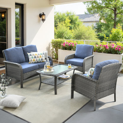Toject 4 Pieces Patio Furniture Set, All-Weather Wicker Outdoor Furniture Loveseat Table Chairs Set for Porch, High Back Conversation Set for Backyard, Balcony, Denim Blue