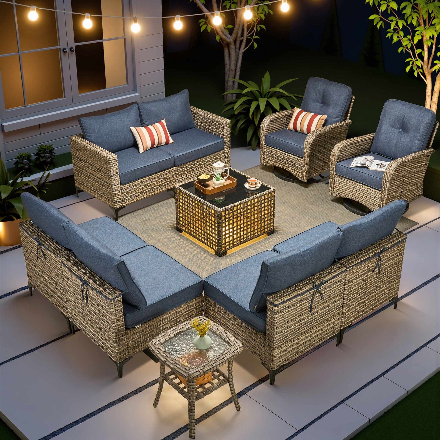 Toject 11 Pieces Patio Furniture Set All Weather Wicker Outdoor Conversation Set with 54" Fire Pit Outside Furniture Patio Sofa with Swivel Chairs & Solar Table