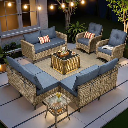 Toject 11 Pieces Patio Furniture Set All Weather Wicker Outdoor Conversation Set with 54" Fire Pit Outside Furniture Patio Sofa with Swivel Chairs & Solar Table