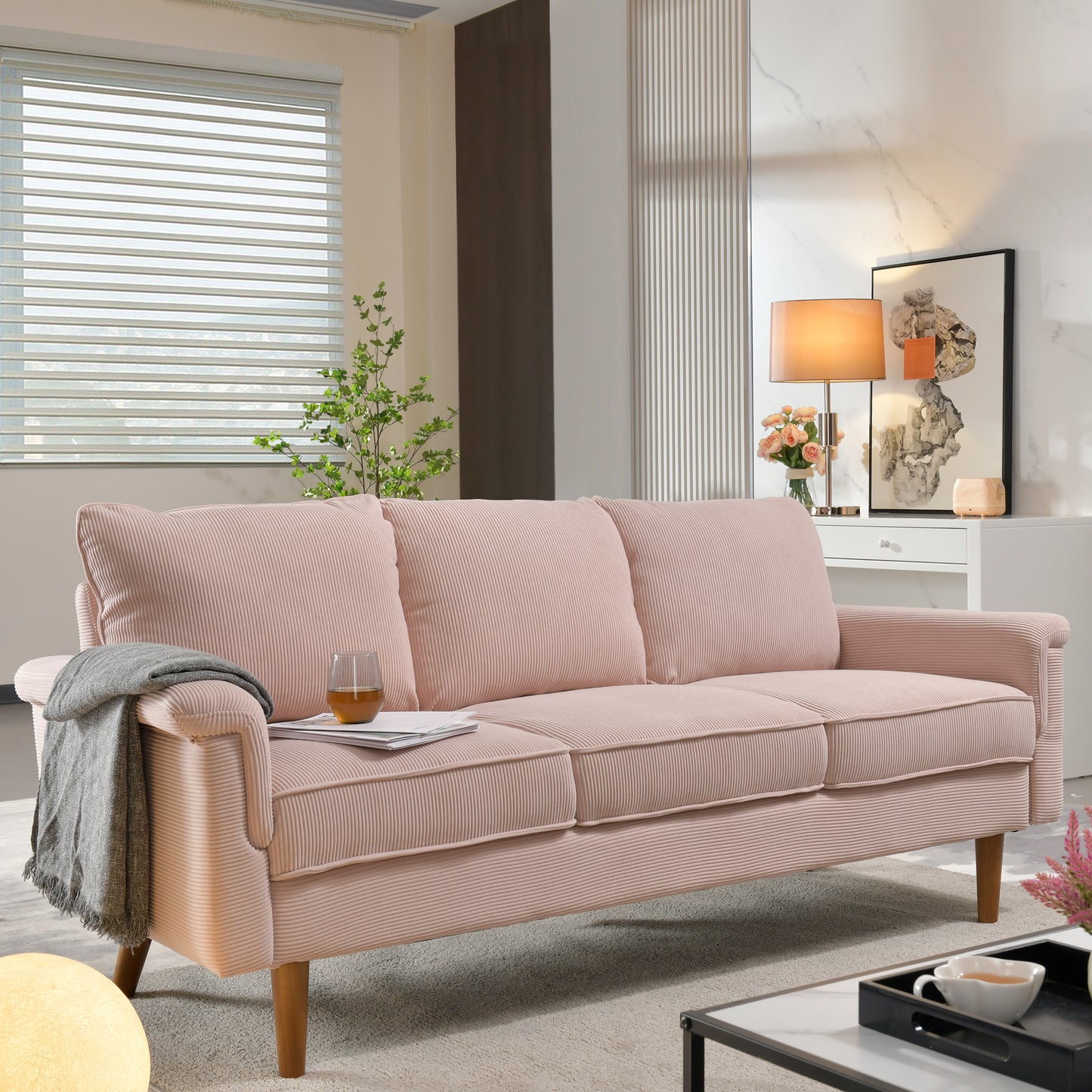 Toject 72" Three-Seat Sofa, Nordic Style Living Room Sofa, Pit Stripe Fabric, Cat-Scratch-Proof And Easy To Install Sofa For Different House Types