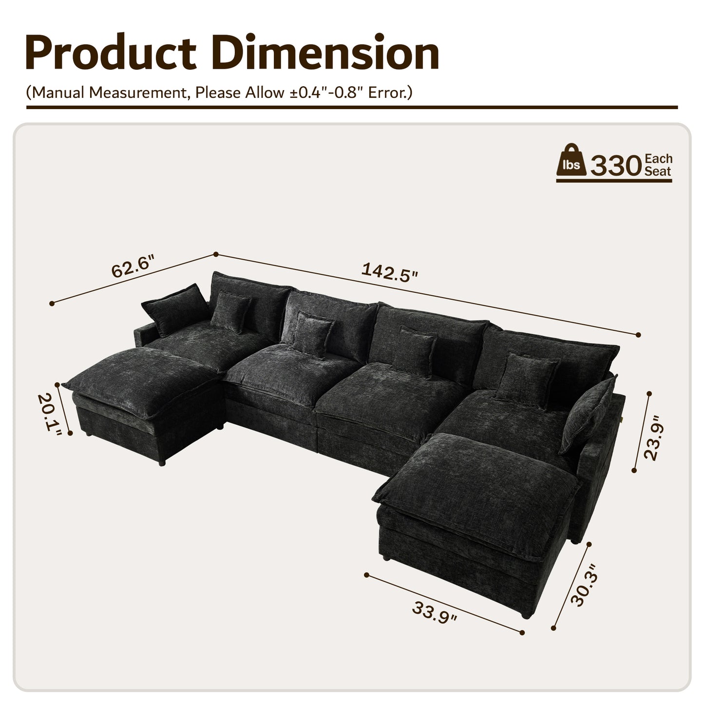 Toject 142" U-Shaped Modular Sectional Sofa, Chenille Cloud Couch with 2 Movable Ottomans, Extra Deep Seat Convertible Couch for Living Room, Apartment Beige
