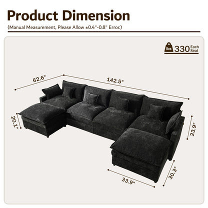 Toject 142" U-Shaped Modular Sectional Sofa, Chenille Cloud Couch with 2 Movable Ottomans, Extra Deep Seat Convertible Couch for Living Room, Apartment Beige