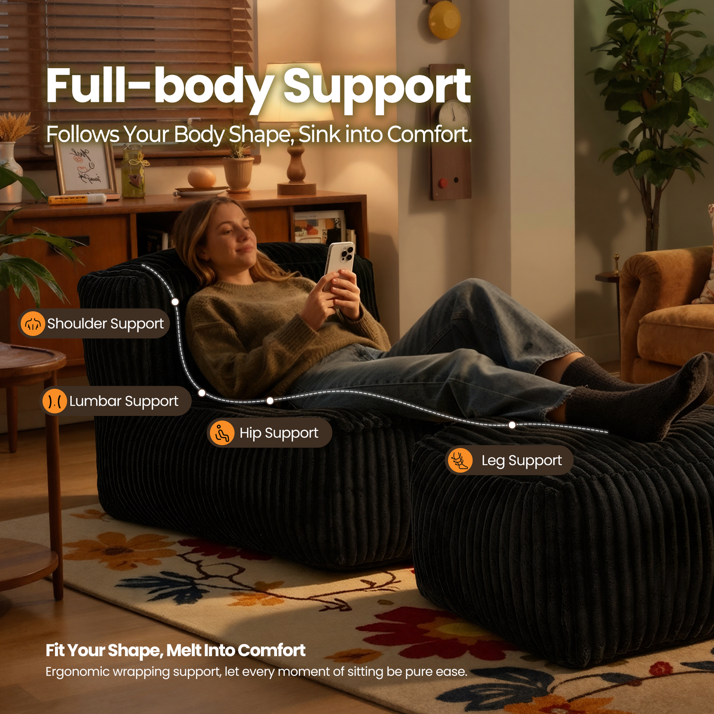 Toject Big Bean Bag Lounger Chair for Adults, Large Polyester Fabric Bean Bag Sofa with Back Support, Memory Foam Filled Beanbag Floor Chair for Living Room, Bedroom, Dorm, Brown
