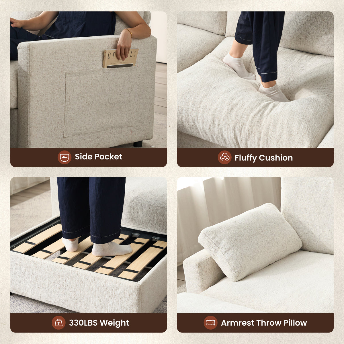 Toject 110.6" Modern U-Shape Sectional Sofa, Yarn-Dyed Chenille 4 Seat Deep Seat Sofa with 2 Movable Ottomans for Living Room Bedroom Apartment, Off-white