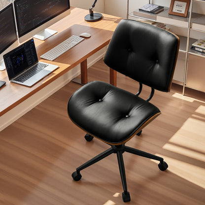 Toject Office Chair, Task Chair with Wooden Back, Mid-Century Modern Computer Chair, Armless Desk Chair for Home Office, Black