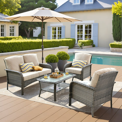 Toject 4 Pieces Patio Furniture Set, All-Weather Wicker Outdoor Furniture Loveseat Table Chairs Set for Porch, High Back Conversation Set for Backyard, Balcony, Denim Blue