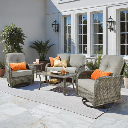 Toject 4 Pieces Patio Furniture Set, All-Weather Wicker Outdoor Furniture Loveseat Table Chairs Set for Porch, High Back Conversation Set for Backyard, Balcony, Denim Blue