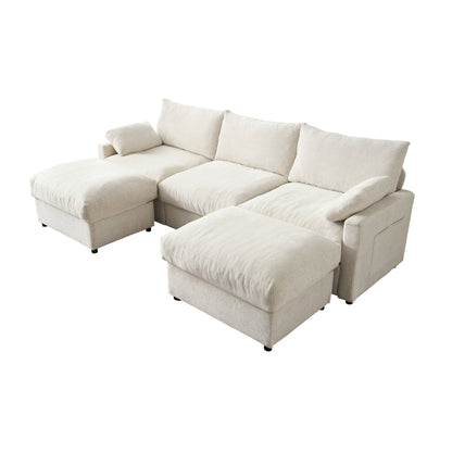 Toject 110.6" Modern U-Shape Sectional Sofa, Yarn-Dyed Chenille 4 Seat Deep Seat Sofa with 2 Movable Ottomans for Living Room Bedroom Apartment, Off-white