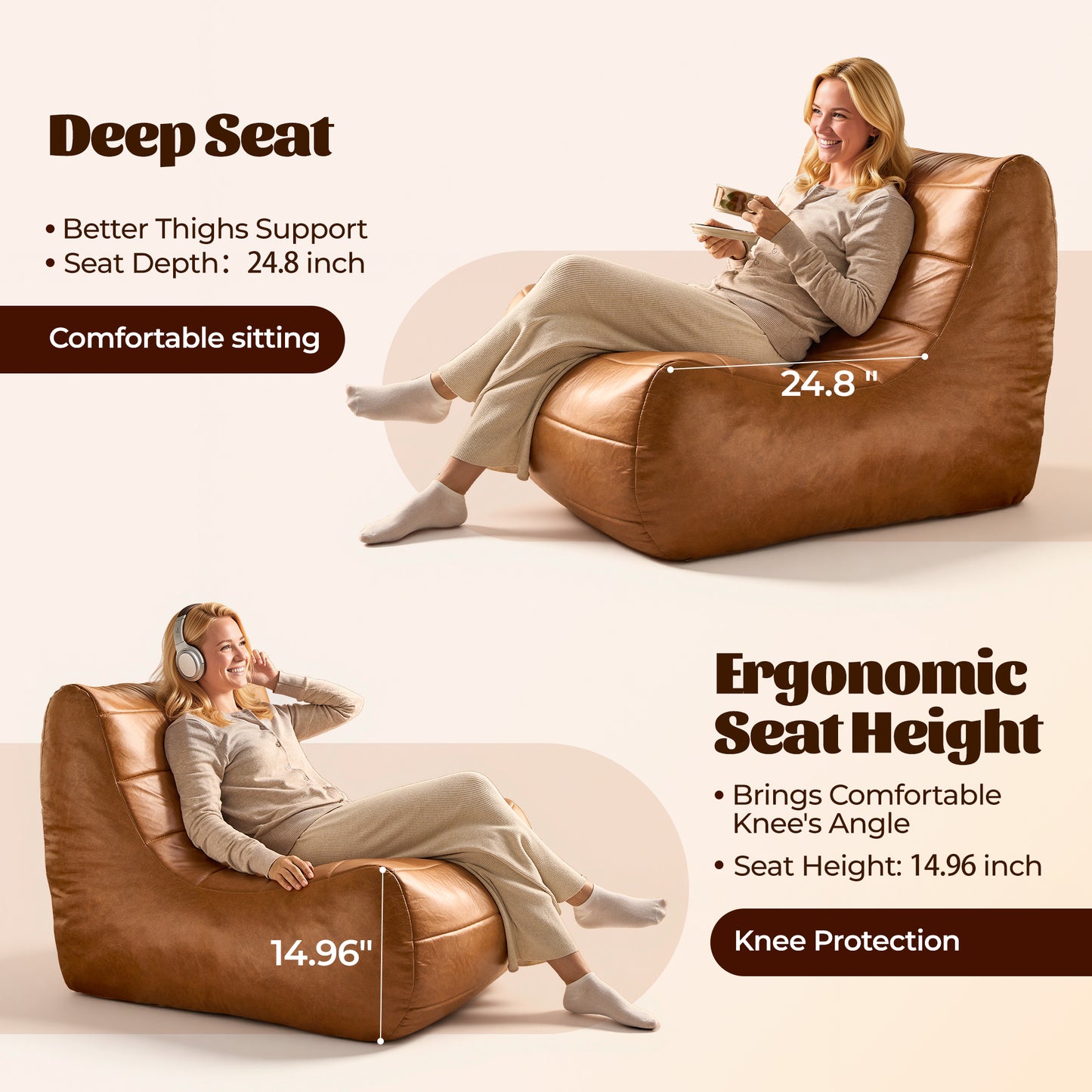 Toject Giant Bean Bag Chair, Faux Leather Memory Foam Floor Sofa for Adults, Ergonomic Back Support, No Assembly Needed, Lightweight Lounger for Living Room Bedroom Dorm Office, Black