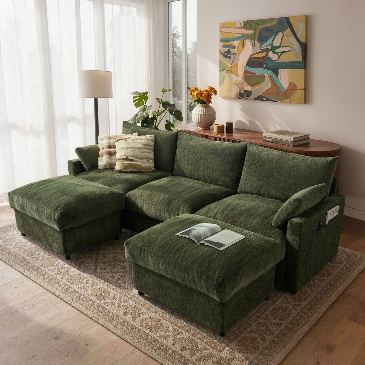 Toject 110.6" Modern U-Shape Sectional Sofa, Yarn-Dyed Chenille 4 Seat Deep Seat Sofa with 2 Movable Ottomans for Living Room Bedroom Apartment, Off-white