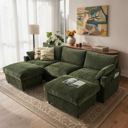 Toject 110.6" Modern U-Shape Sectional Sofa, Yarn-Dyed Chenille 4 Seat Deep Seat Sofa with 2 Movable Ottomans for Living Room Bedroom Apartment, Off-white