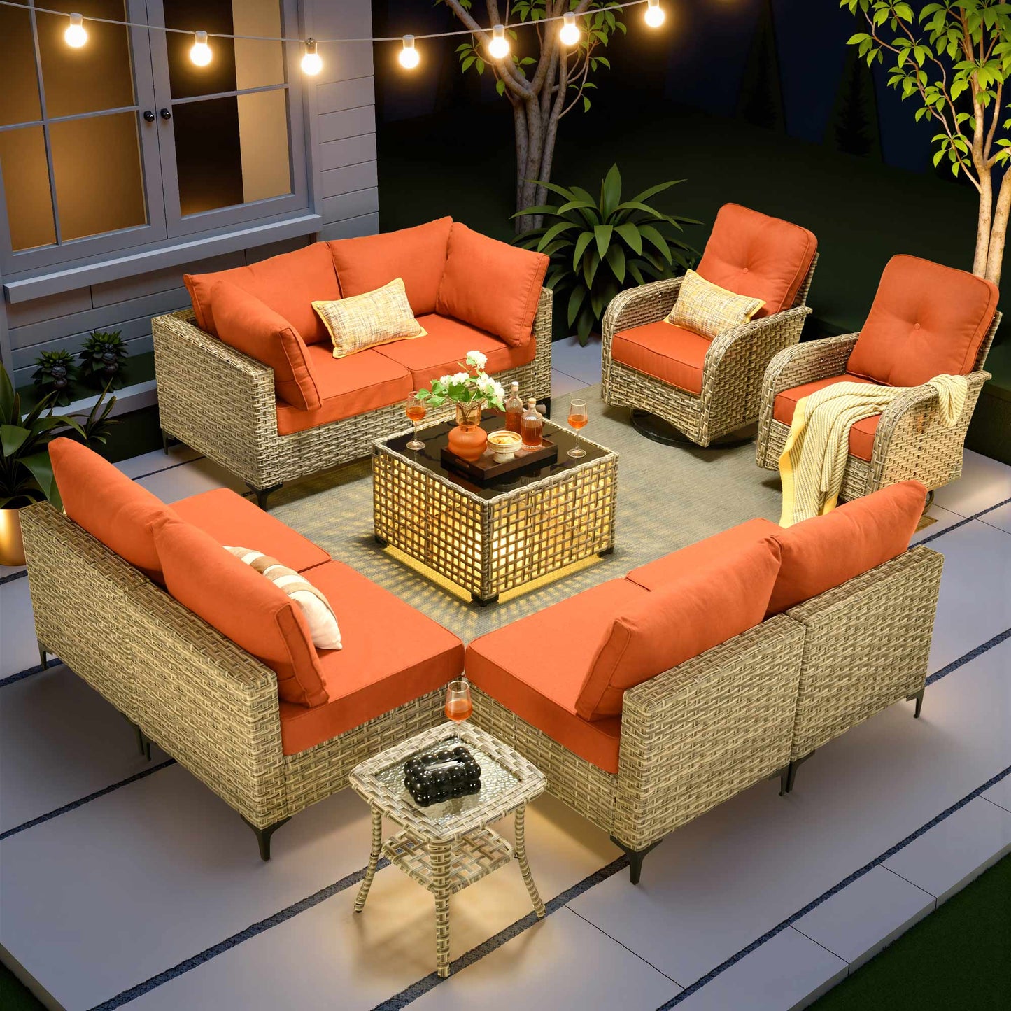 Toject 11 Pieces Patio Furniture Set All Weather Wicker Outdoor Conversation Set with 54" Fire Pit Outside Furniture Patio Sofa with Swivel Chairs & Solar Table