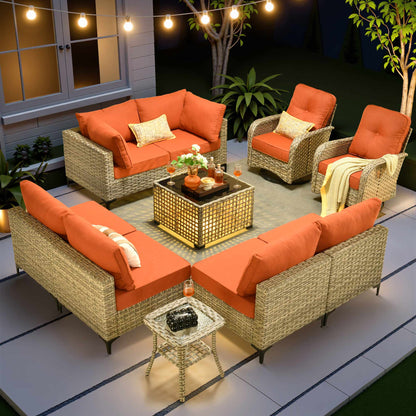 Toject 11 Pieces Patio Furniture Set All Weather Wicker Outdoor Conversation Set with 54" Fire Pit Outside Furniture Patio Sofa with Swivel Chairs & Solar Table