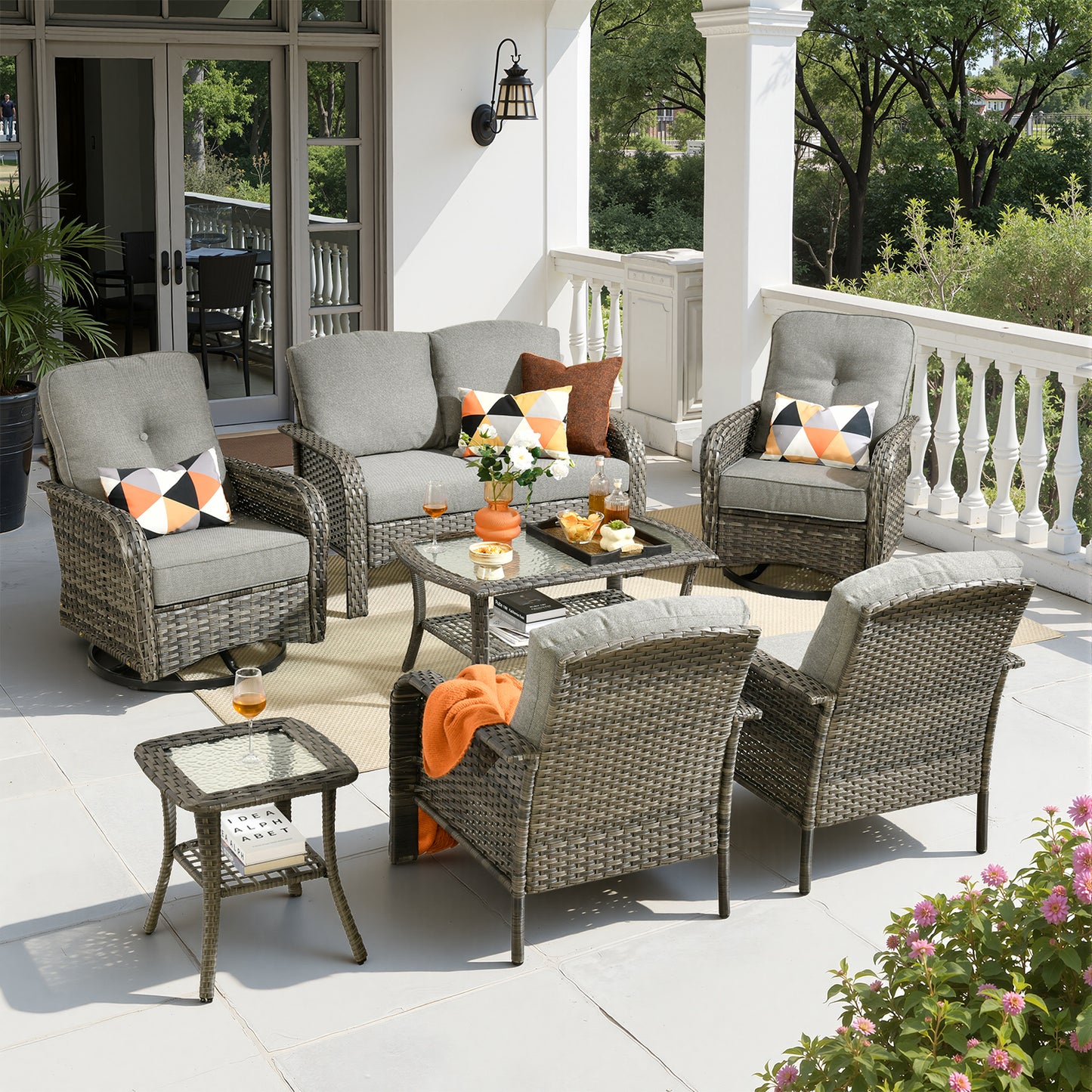 Toject 4 Pieces Patio Furniture Set, All-Weather Wicker Outdoor Furniture Loveseat Table Chairs Set for Porch, High Back Conversation Set for Backyard, Balcony, Denim Blue