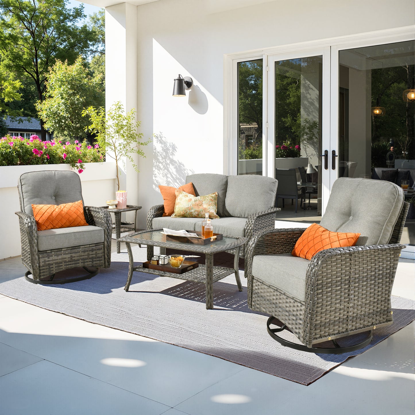 Toject 4 Pieces Patio Furniture Set, All-Weather Wicker Outdoor Furniture Loveseat Table Chairs Set for Porch, High Back Conversation Set for Backyard, Balcony, Denim Blue