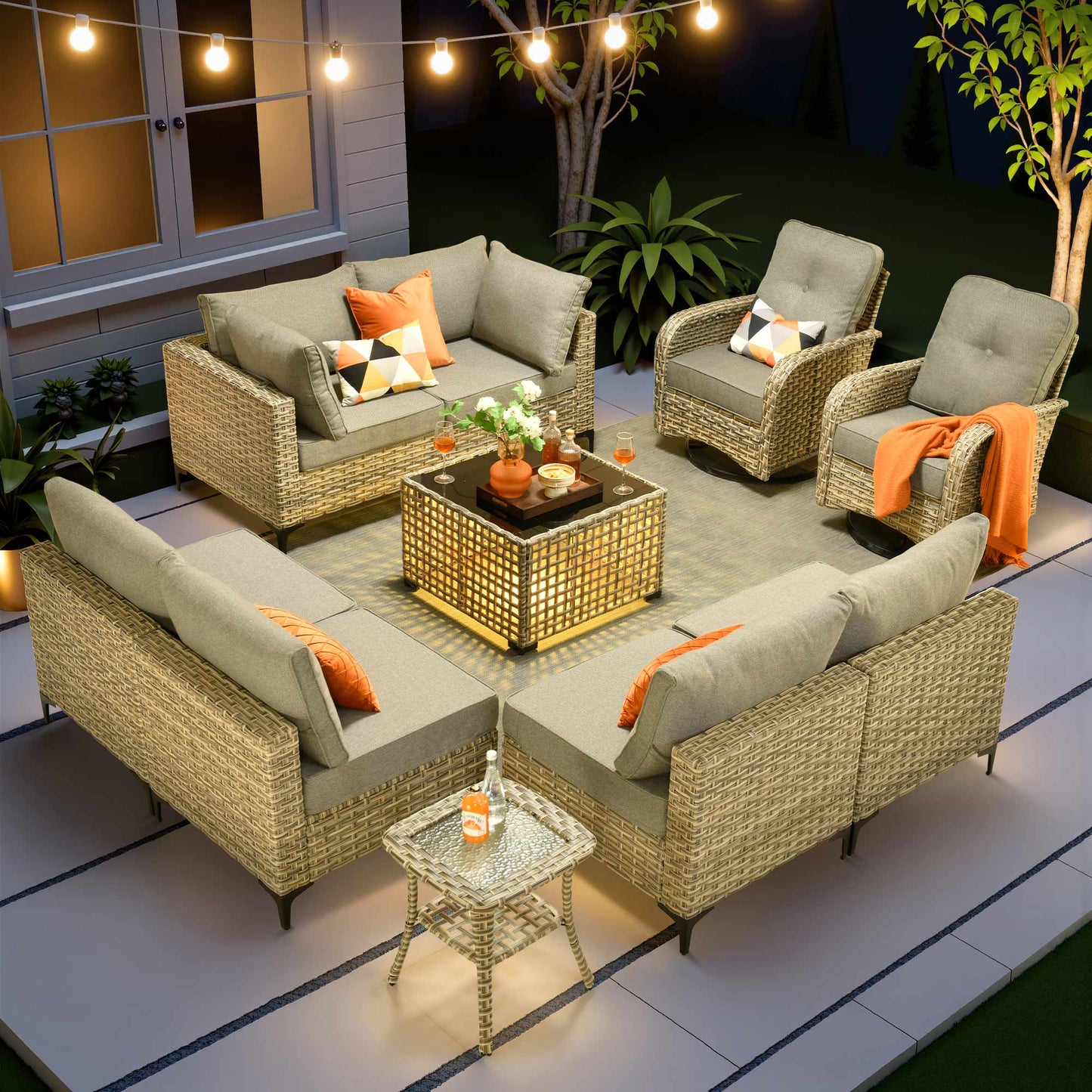 Toject 11 Pieces Patio Furniture Set All Weather Wicker Outdoor Conversation Set with 54" Fire Pit Outside Furniture Patio Sofa with Swivel Chairs & Solar Table