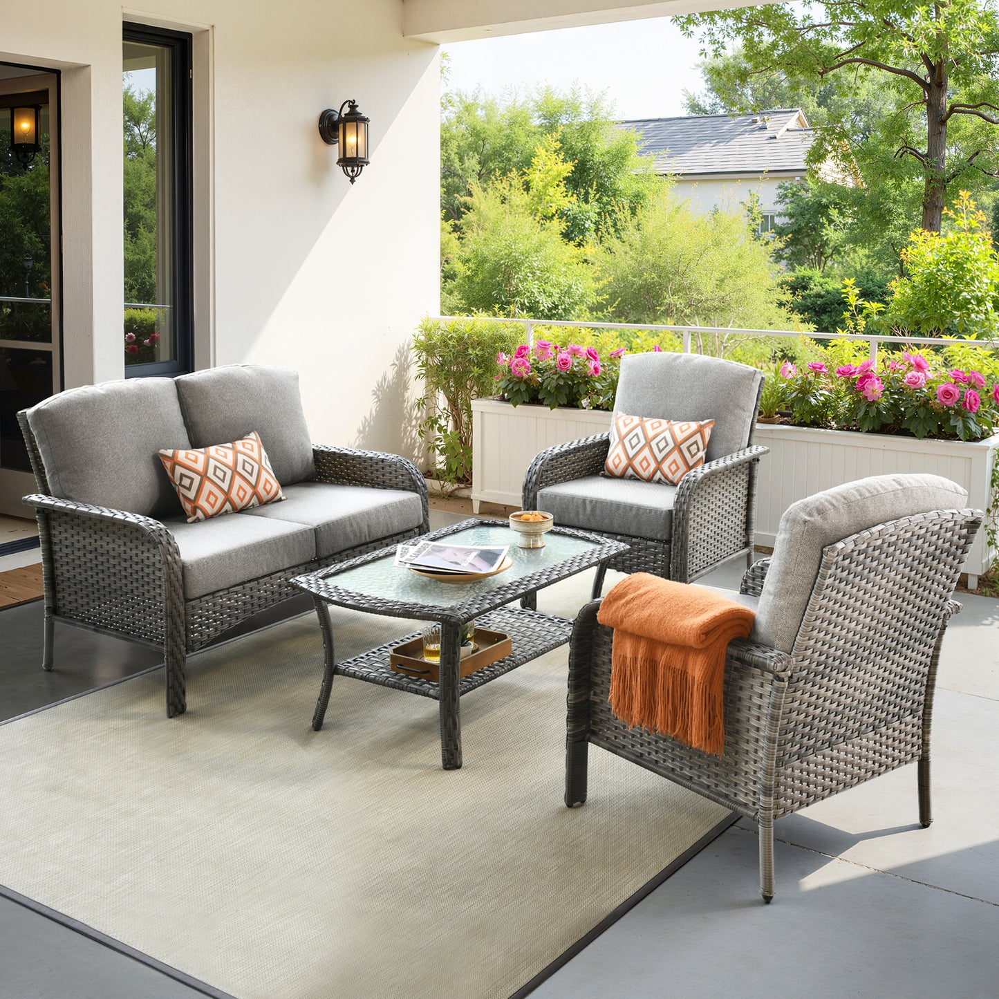 Toject 4 Pieces Patio Furniture Set, All-Weather Wicker Outdoor Furniture Loveseat Table Chairs Set for Porch, High Back Conversation Set for Backyard, Balcony, Denim Blue