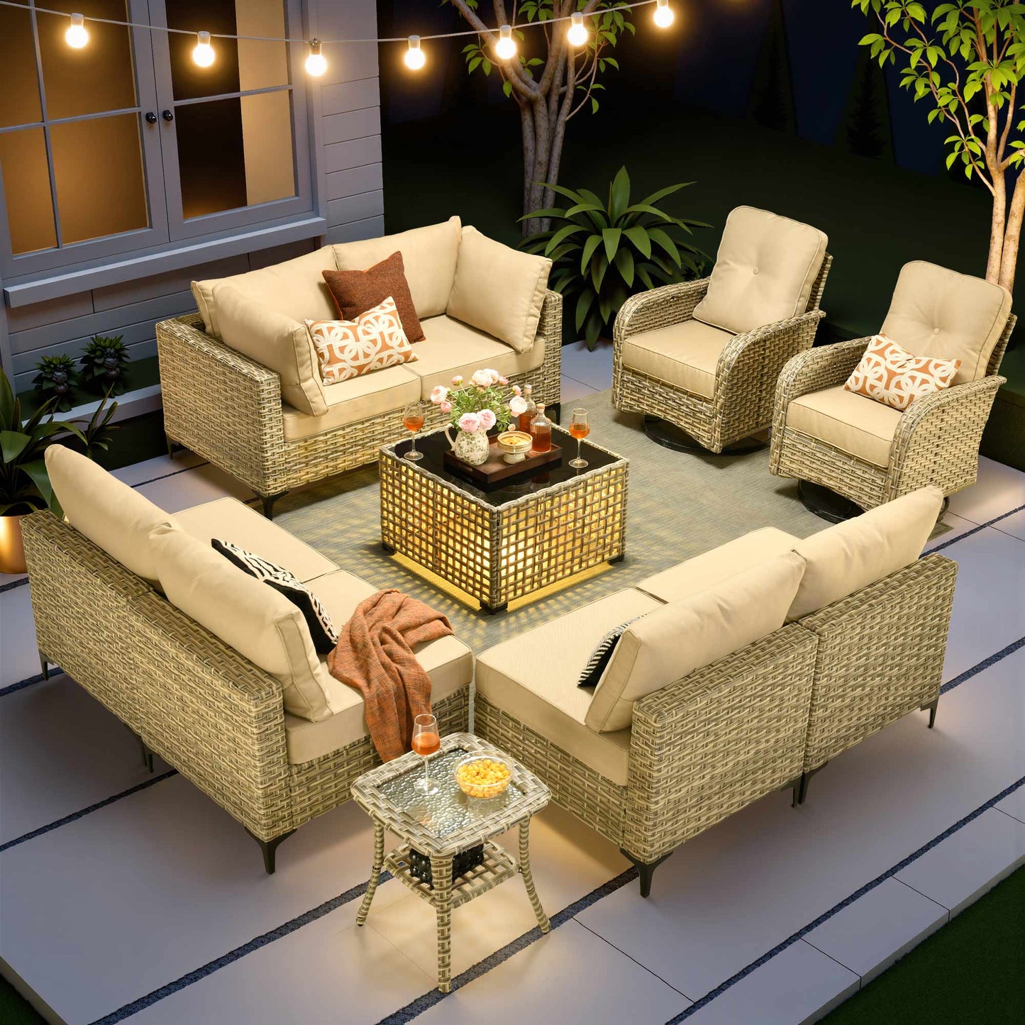 Toject 11 Pieces Patio Furniture Set All Weather Wicker Outdoor Conversation Set with 54" Fire Pit Outside Furniture Patio Sofa with Swivel Chairs & Solar Table