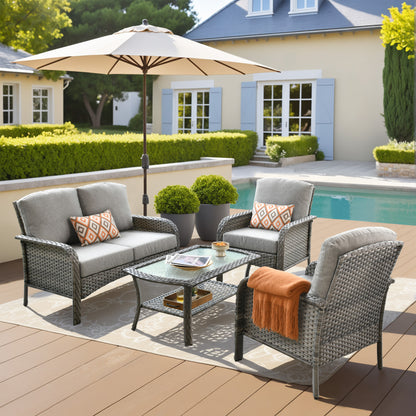 Toject 4 Pieces Patio Furniture Set, All-Weather Wicker Outdoor Furniture Loveseat Table Chairs Set for Porch, High Back Conversation Set for Backyard, Balcony, Denim Blue