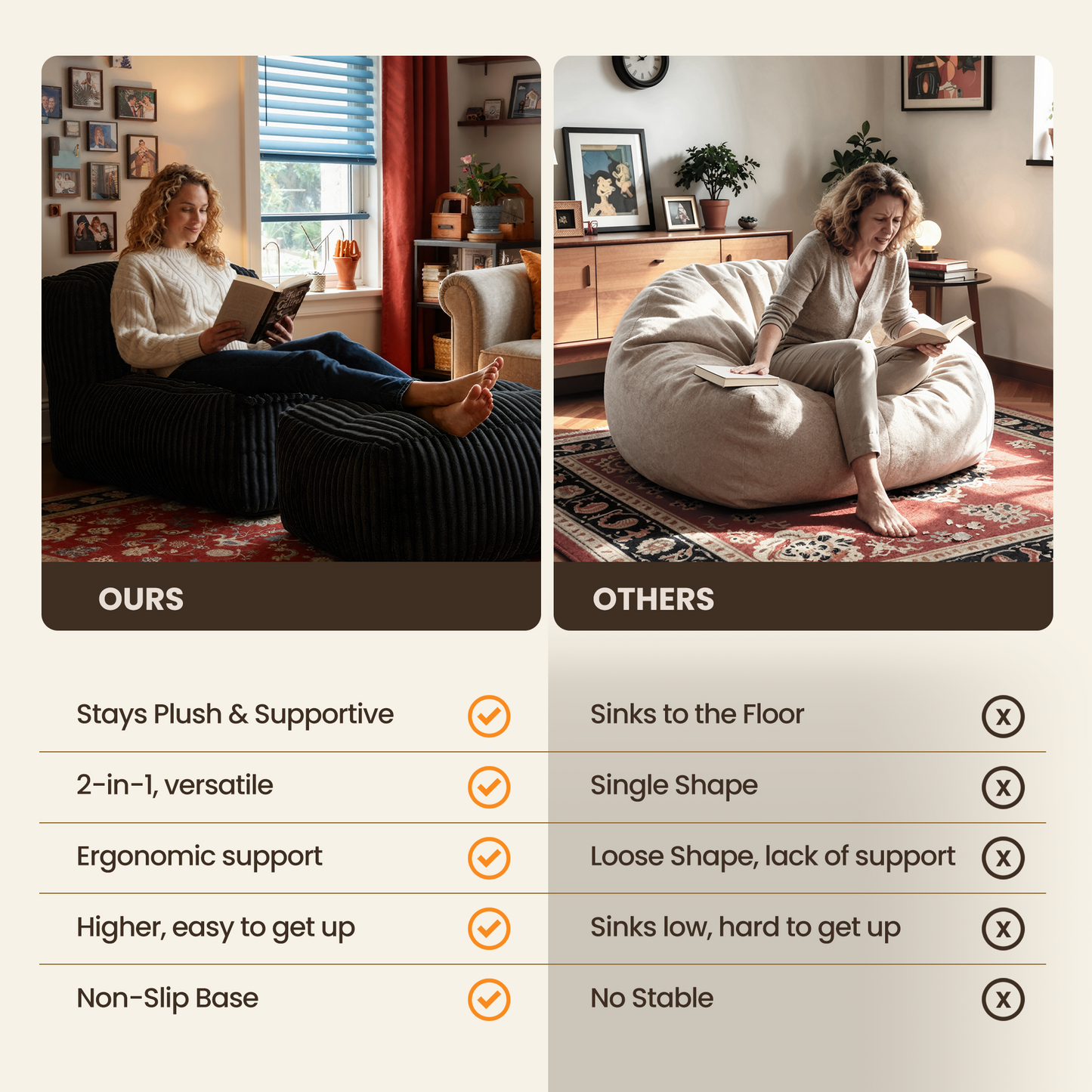 Toject Big Bean Bag Lounger Chair for Adults, Large Polyester Fabric Bean Bag Sofa with Back Support, Memory Foam Filled Beanbag Floor Chair for Living Room, Bedroom, Dorm, Brown