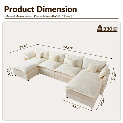 Toject 142" U-Shaped Modular Sectional Sofa, Chenille Cloud Couch with 2 Movable Ottomans, Extra Deep Seat Convertible Couch for Living Room, Apartment
