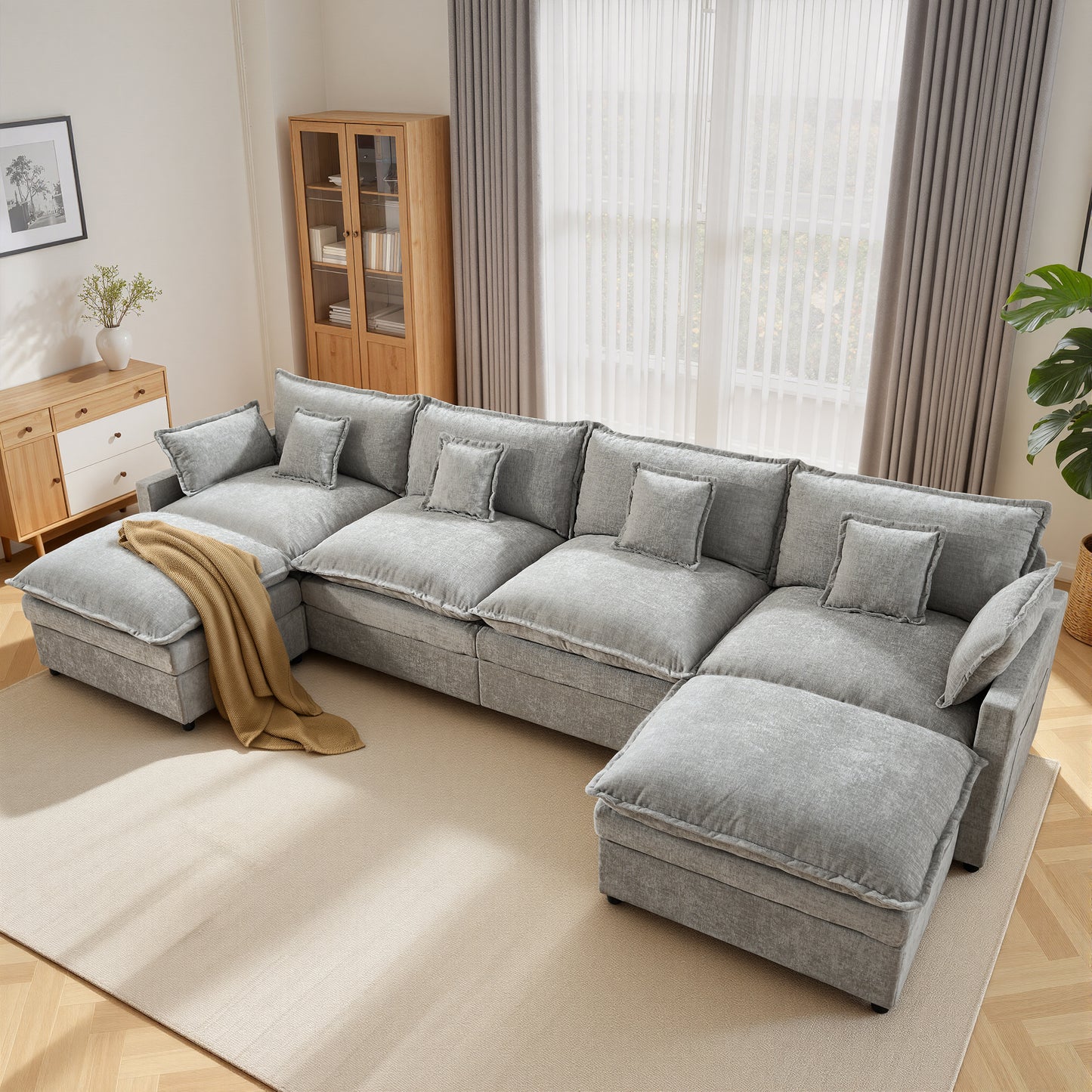 Toject 142" U-Shaped Modular Sectional Sofa, Chenille Cloud Couch with 2 Movable Ottomans, Extra Deep Seat Convertible Couch for Living Room, Apartment Beige