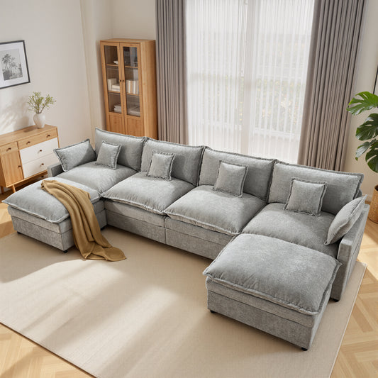 Toject 142" U-Shaped Modular Sectional Sofa, Chenille Cloud Couch with 2 Movable Ottomans, Extra Deep Seat Convertible Couch for Living Room, Apartment