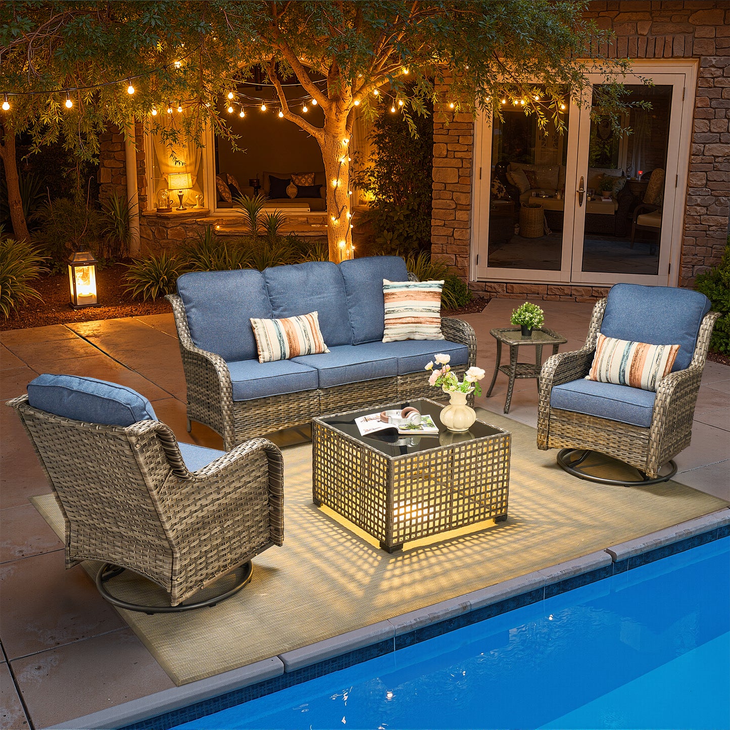 Toject Outdoor Patio Furniture Set, All-Weather Gray Wicker Outside Furniture with 42 Inch Fire Pit Table, 7 Pieces Conversation Set with Swivel Chairs & Ottomans for Backyard Deck Garden