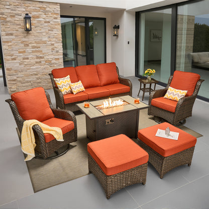 Toject Outdoor Patio Furniture Set, All-Weather Gray Wicker Outside Furniture with 42 Inch Fire Pit Table, 7 Pieces Conversation Set with Swivel Chairs & Ottomans for Backyard Deck Garden