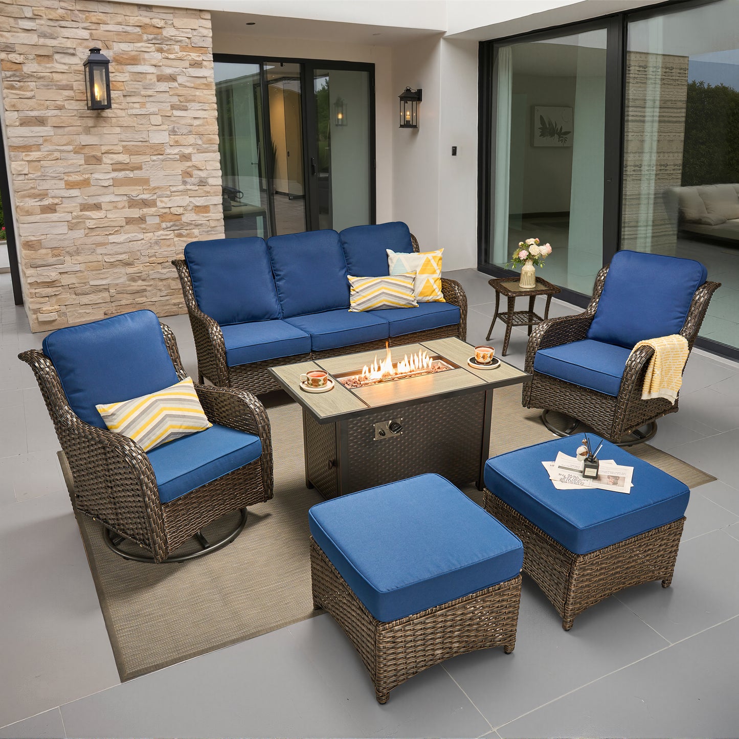 Toject Outdoor Patio Furniture Set, All-Weather Gray Wicker Outside Furniture with 42 Inch Fire Pit Table, 7 Pieces Conversation Set with Swivel Chairs & Ottomans for Backyard Deck Garden