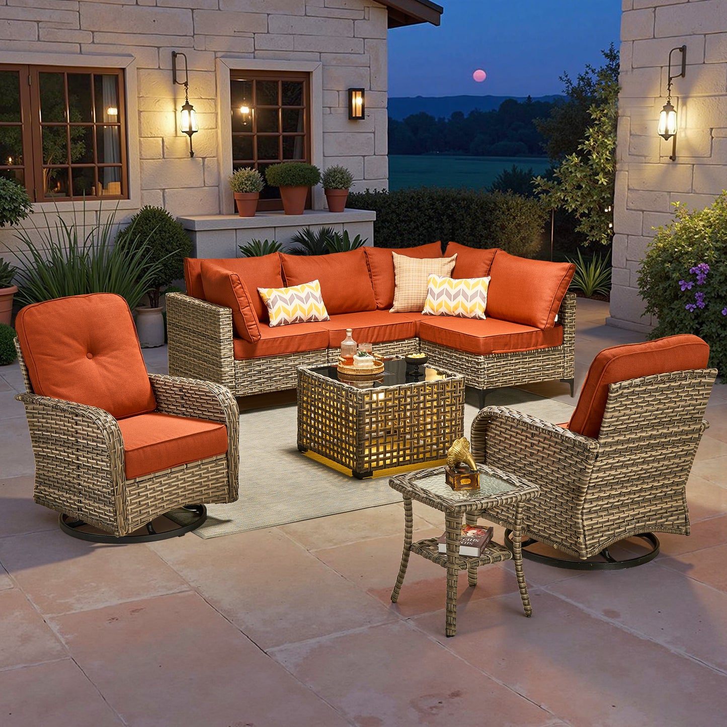 Toject 11 Pieces Patio Furniture Set All Weather Wicker Outdoor Conversation Set with 54" Fire Pit Outside Furniture Patio Sofa with Swivel Chairs & Solar Table