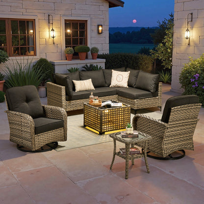 Toject 11 Pieces Patio Furniture Set All Weather Wicker Outdoor Conversation Set with 54" Fire Pit Outside Furniture Patio Sofa with Swivel Chairs & Solar Table