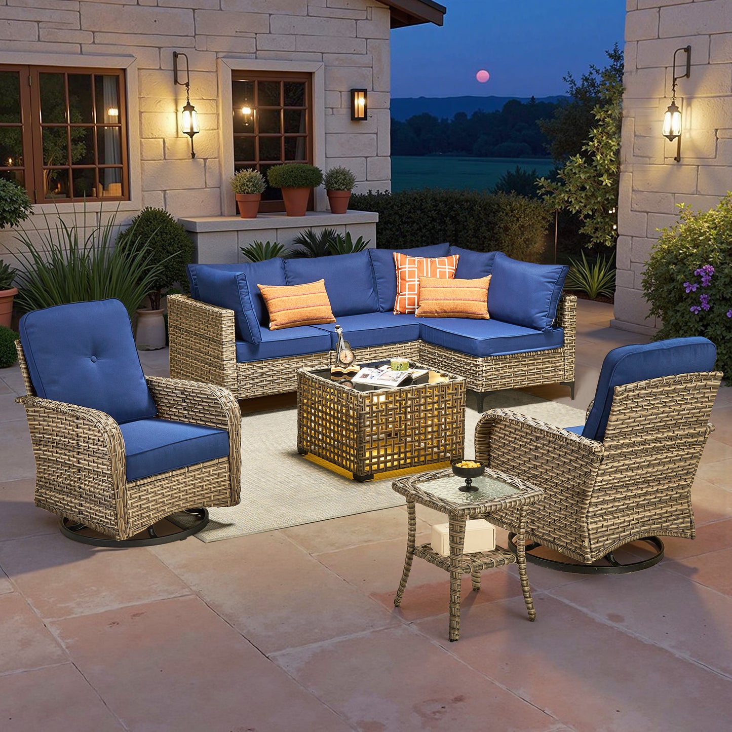 Toject 11 Pieces Patio Furniture Set All Weather Wicker Outdoor Conversation Set with 54" Fire Pit Outside Furniture Patio Sofa with Swivel Chairs & Solar Table