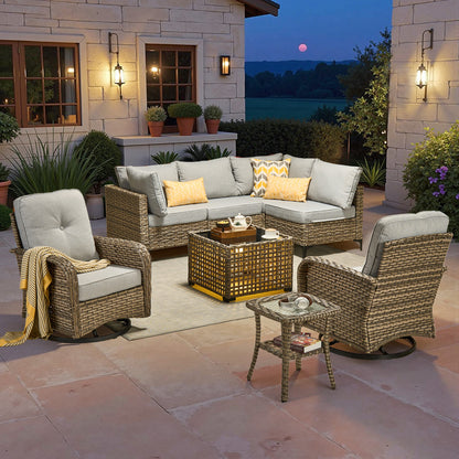 Toject 11 Pieces Patio Furniture Set All Weather Wicker Outdoor Conversation Set with 54" Fire Pit Outside Furniture Patio Sofa with Swivel Chairs & Solar Table
