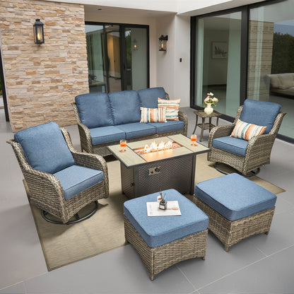 Toject Outdoor Patio Furniture Set, All-Weather Gray Wicker Outside Furniture with 42 Inch Fire Pit Table, 7 Pieces Conversation Set with Swivel Chairs & Ottomans for Backyard Deck Garden