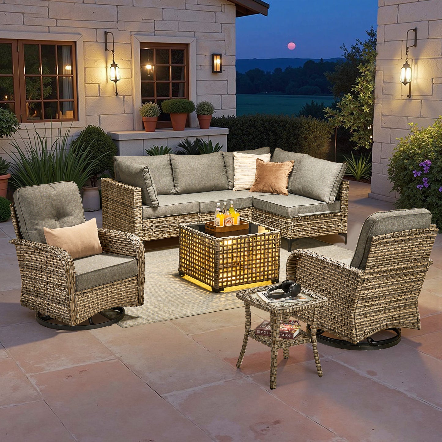 Toject 11 Pieces Patio Furniture Set All Weather Wicker Outdoor Conversation Set with 54" Fire Pit Outside Furniture Patio Sofa with Swivel Chairs & Solar Table